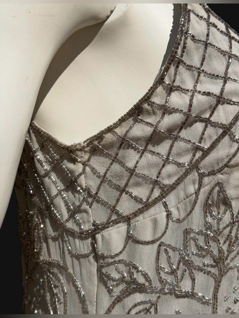 Vintage CACHE BEADED DRESS 100% Silk Gray Metallic Silver Beading Beads LARGE L - Picture 7 of 17